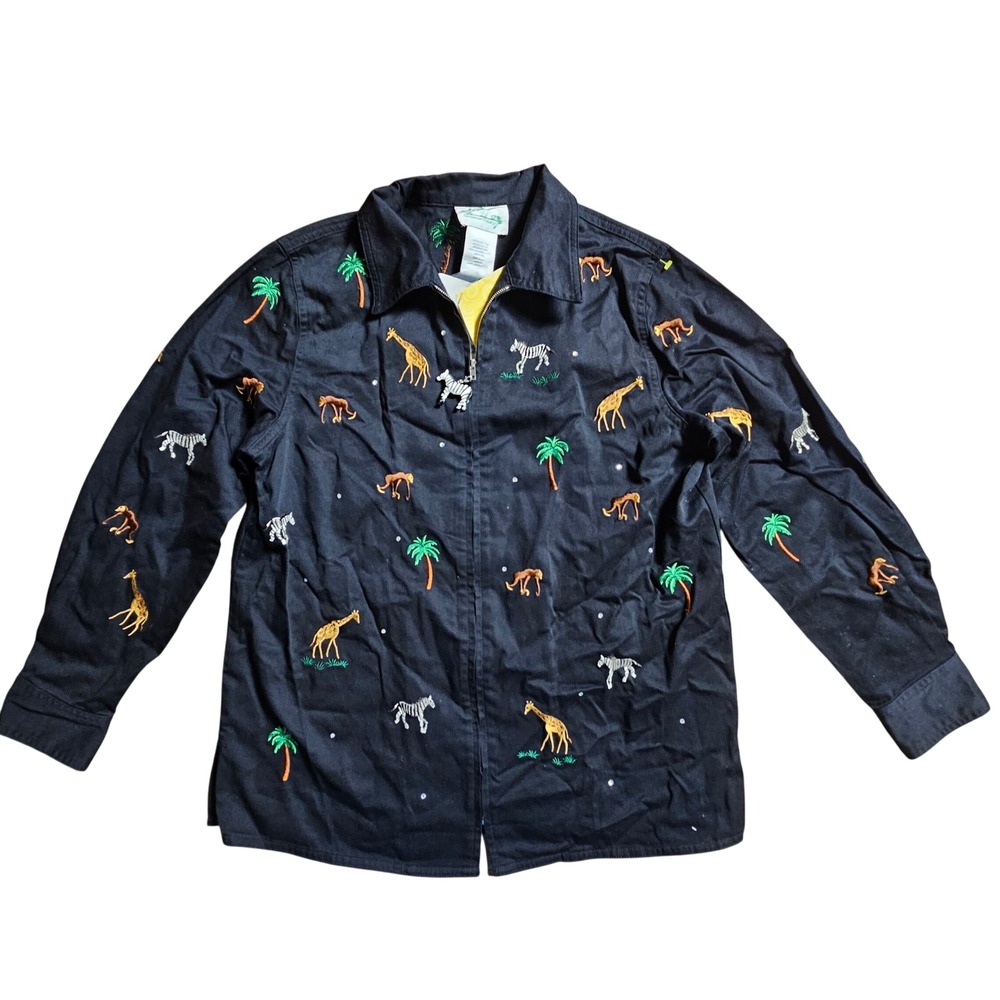 The Quaker Factory Safari Animal Embroidered Jacket Small Cotton Art To Wear NWT